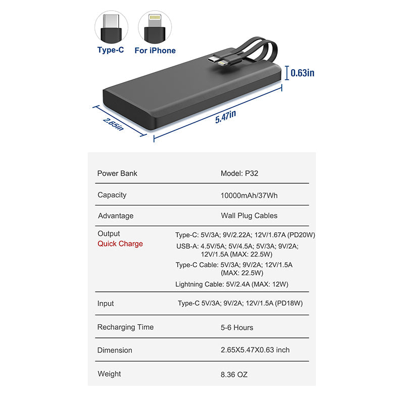 Wowtech Ultra Slim 10000mAh Built-in Cables Power Bank for Custom Gift