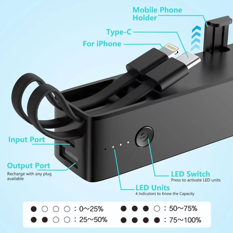 Wowtech Portable 5000mAh Power Bank with Installed Cables & Torch