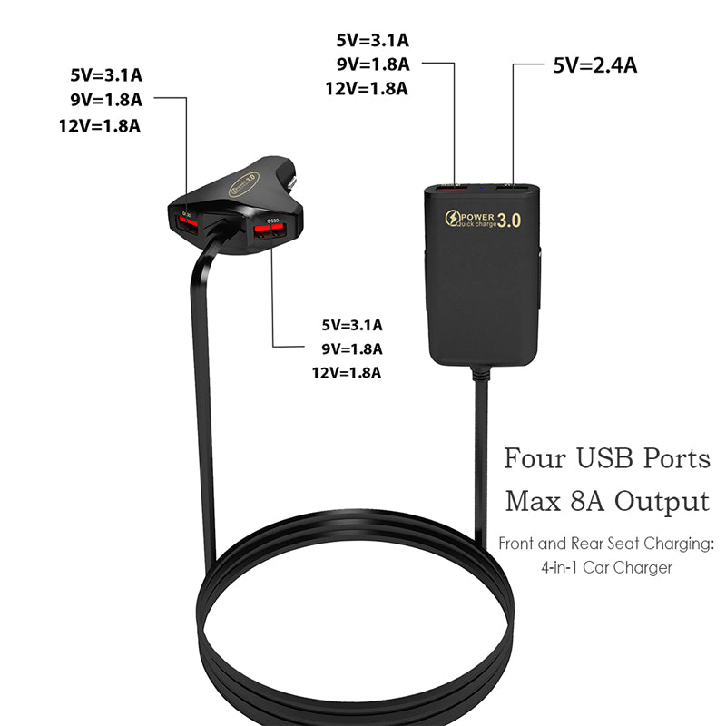 Wowtech 4 USB Port Car Charger with Extension Cable for Back Seat