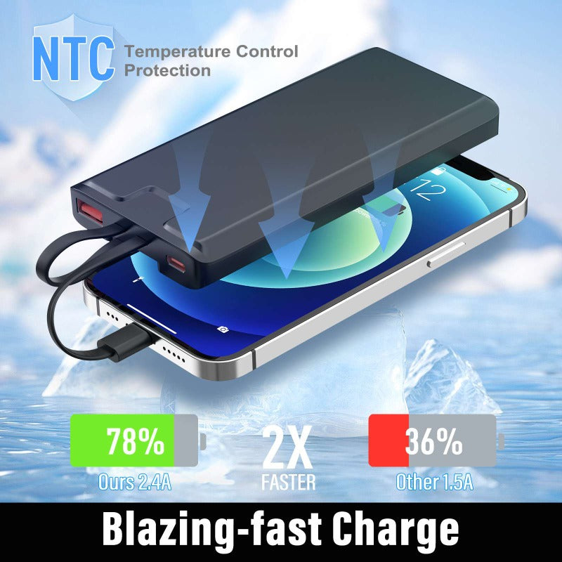 Wowtech Ultra Slim 10000mAh Built-in Cables Power Bank for Custom Gift