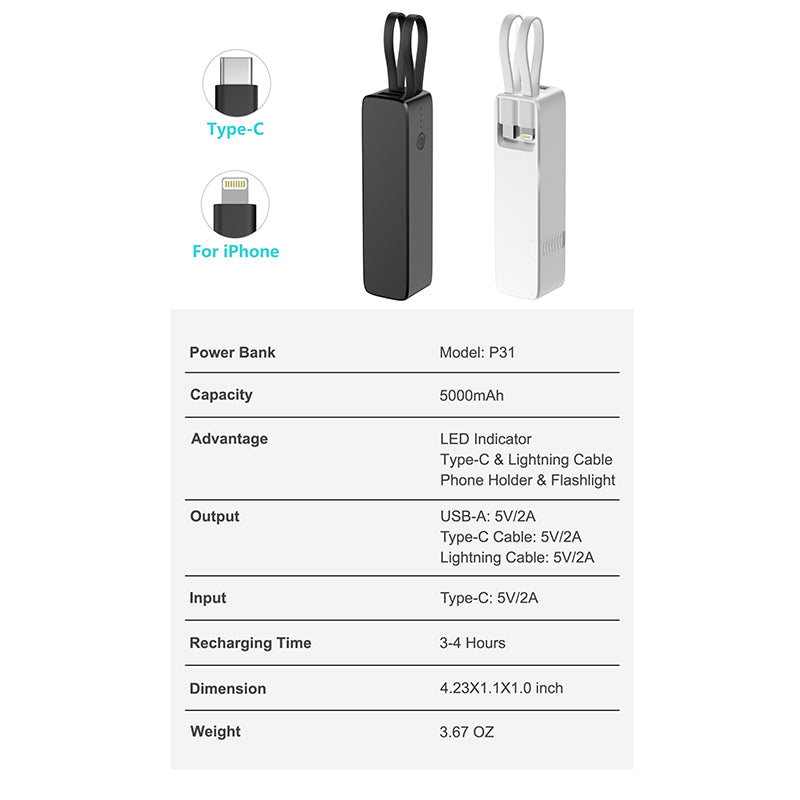 Wowtech Portable 5000mAh Power Bank with Installed Cables & Torch